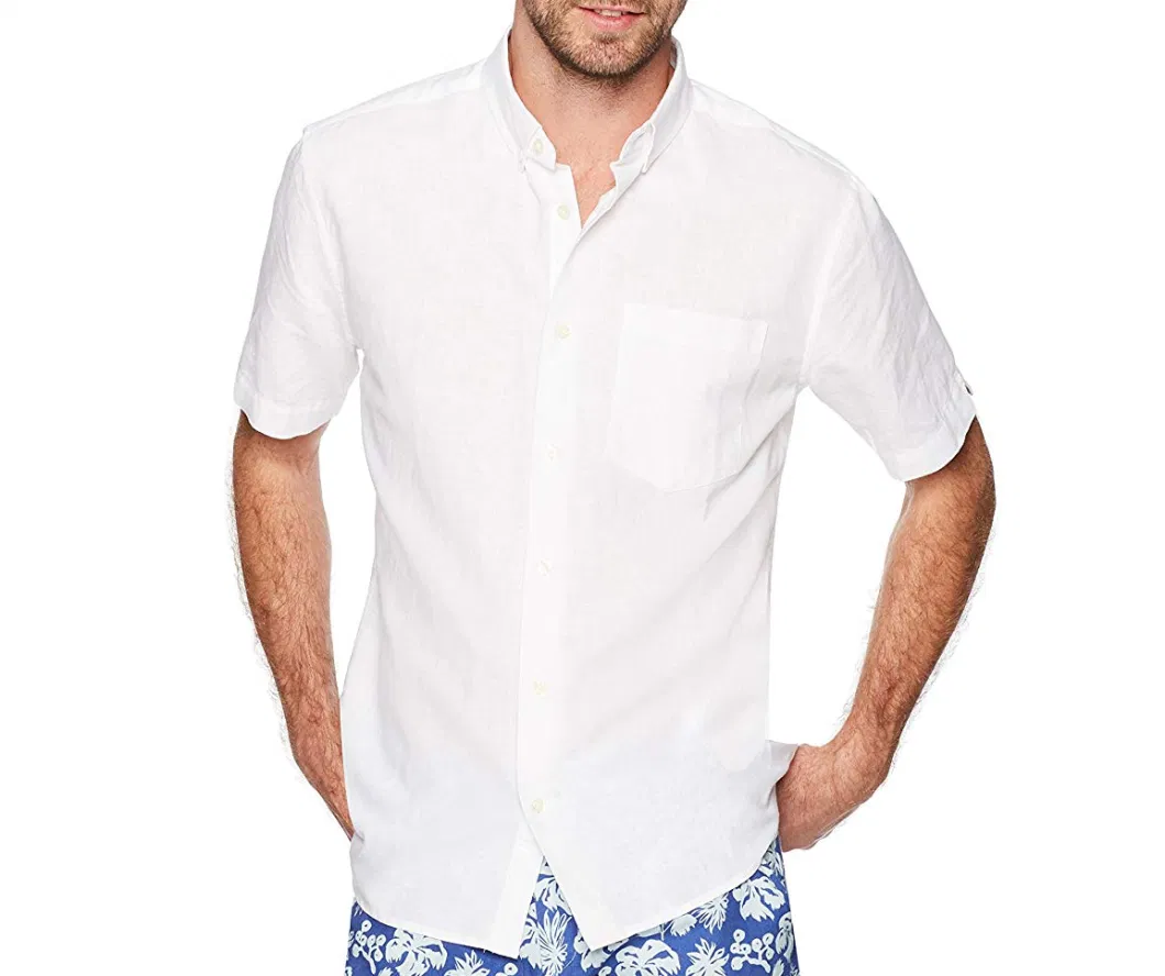 Shein Men′ S Standard Fit Short Sleeve Linen Cotton Button-Down Shirt
