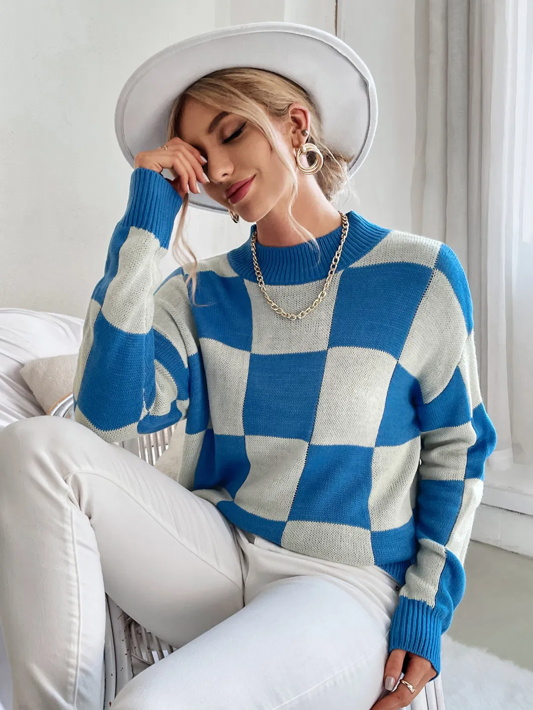 Checkerboard Plaid Sweater Women′ S Loose Pullover Explosion Style European and American Knitted Base Shirt